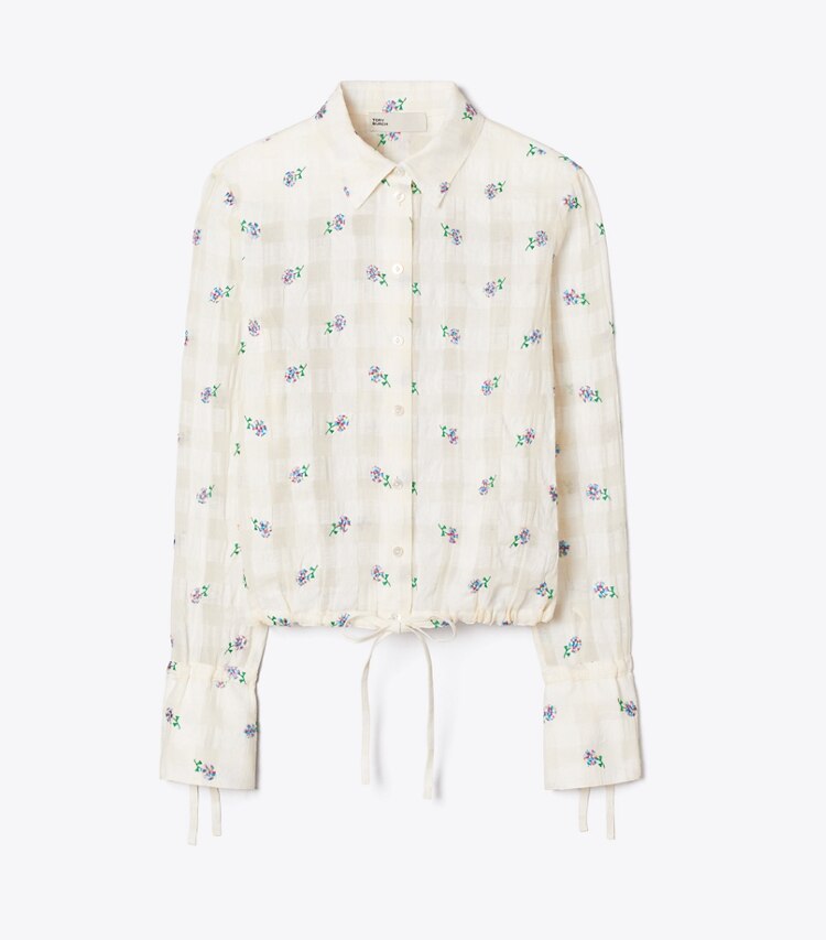Tory Burch diseñador tops Blusa de lino bordada en Ivory Embroidered Gingham frente