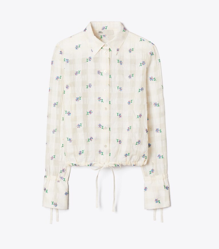Tory Burch diseñador tops Blusa de lino bordada en Ivory Embroidered Gingham frente