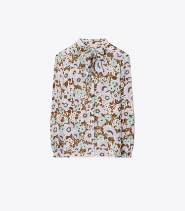 Tory Burch diseñador tops Blusa estampada de viscosa con lazo en Blue Floral frente