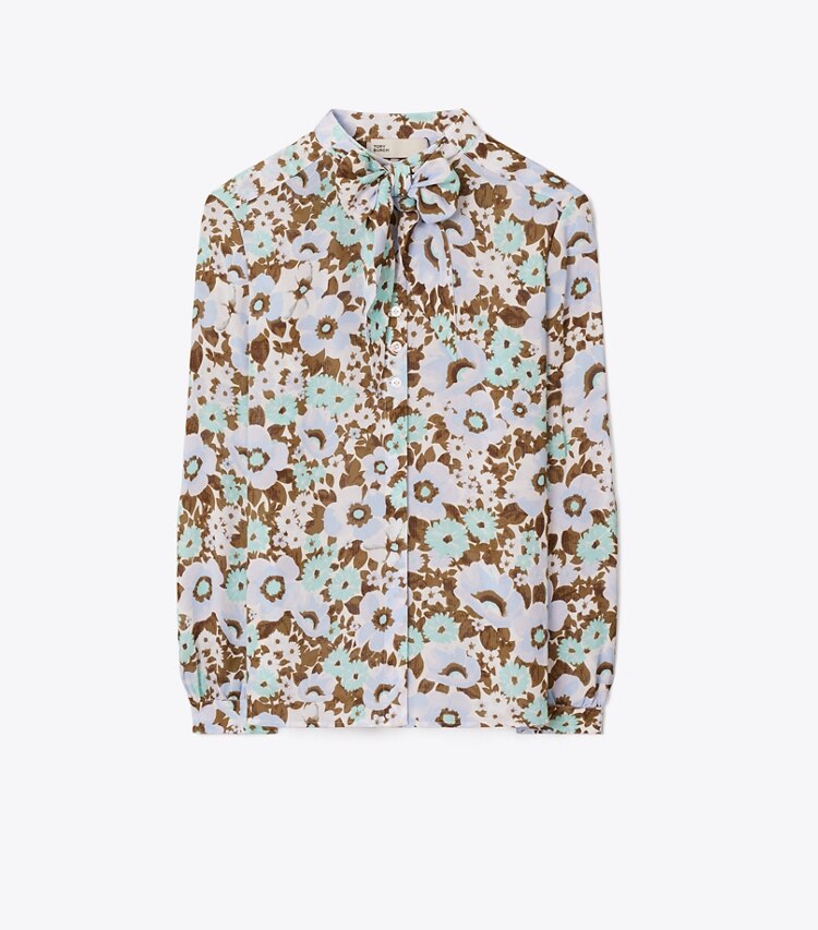 Tory Burch diseñador tops Blusa estampada de viscosa con lazo en Blue Floral frente