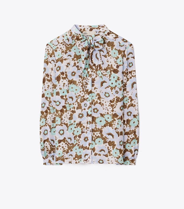 Tory Burch diseñador tops Blusa estampada de viscosa con lazo en Blue Floral frente