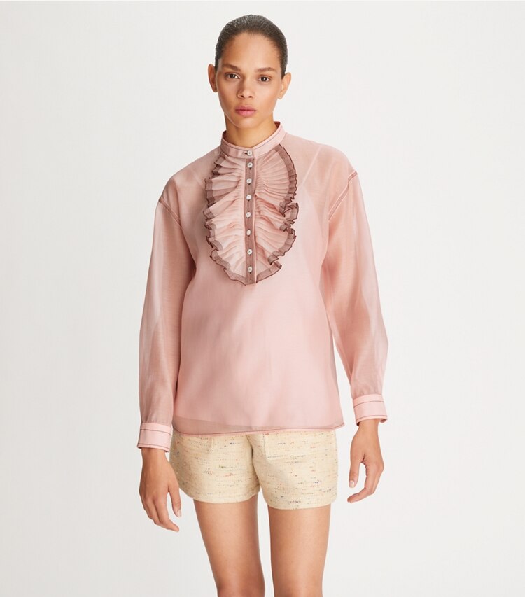 Tory Burch designer oberteile Bluse mit Rüschen vorne in Tulip Rose on model detail