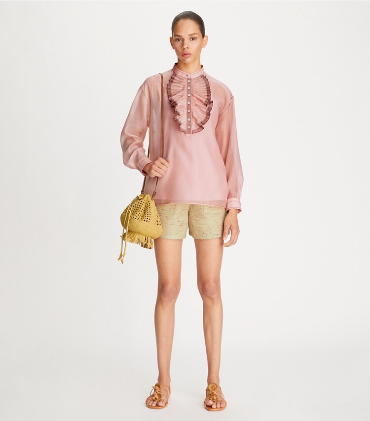 Tory Burch designer oberteile Bluse mit Rüschen vorne in Tulip Rose modell von vorn