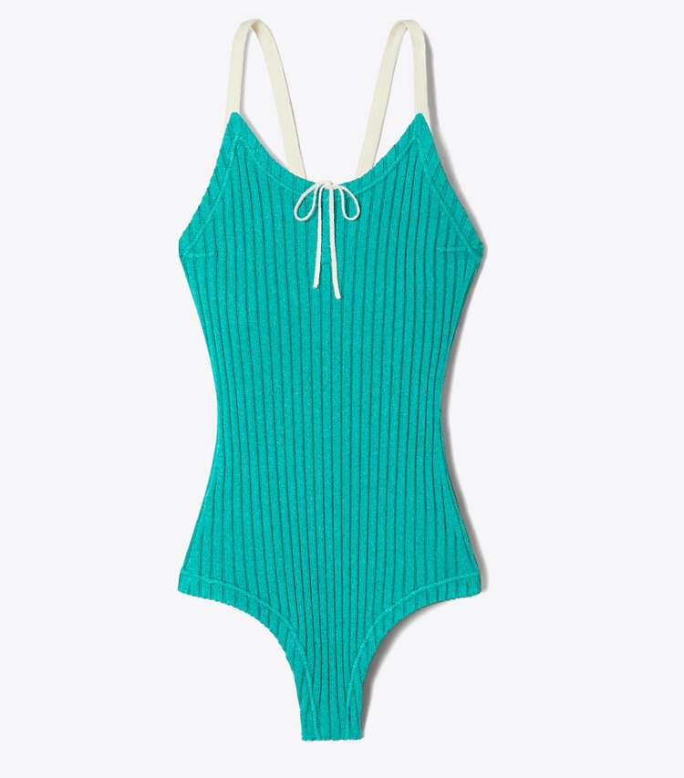 Tory Burch diseñador suéteres Body acanalado con bloques de color en Mermaid frente