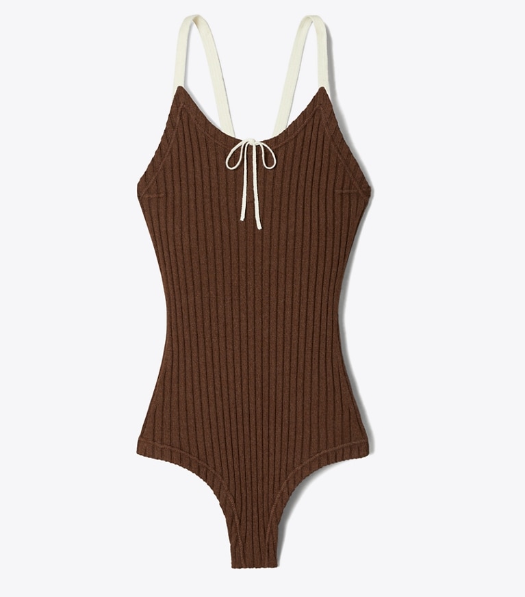 Tory Burch designer sweaters Body côtelé à blocs de couleurs dans Chocolate de face