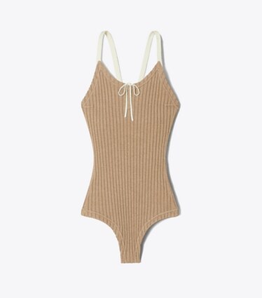 Tory Burch designer sweaters Body côtelé à blocs de couleurs dans Putty de face