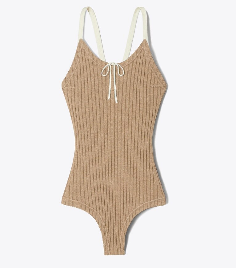 Tory Burch designer sweaters Body côtelé à blocs de couleurs dans Putty de face