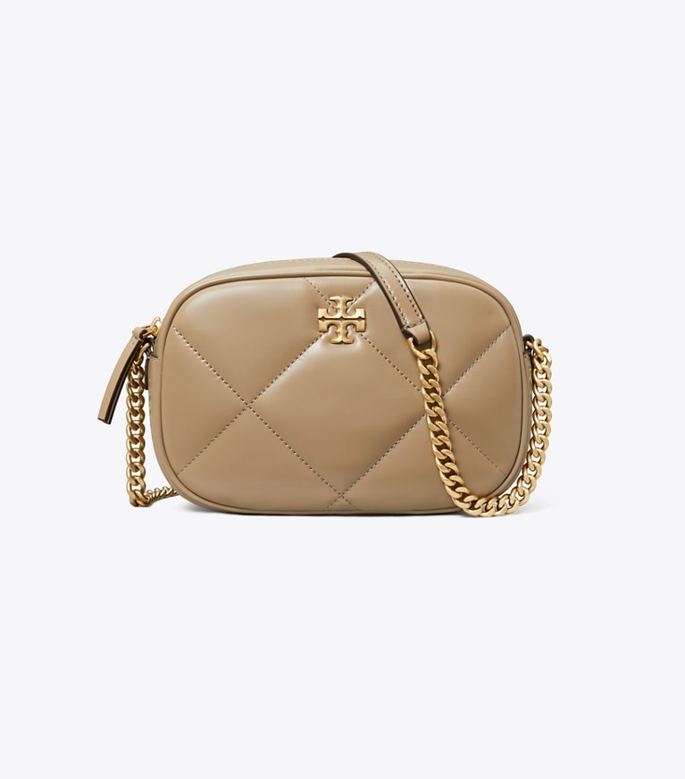 Tory Burch diseñador bolsos bandolera Bolsa para cámara acolchada con forma de rombos Kira en Taupe Oak frente