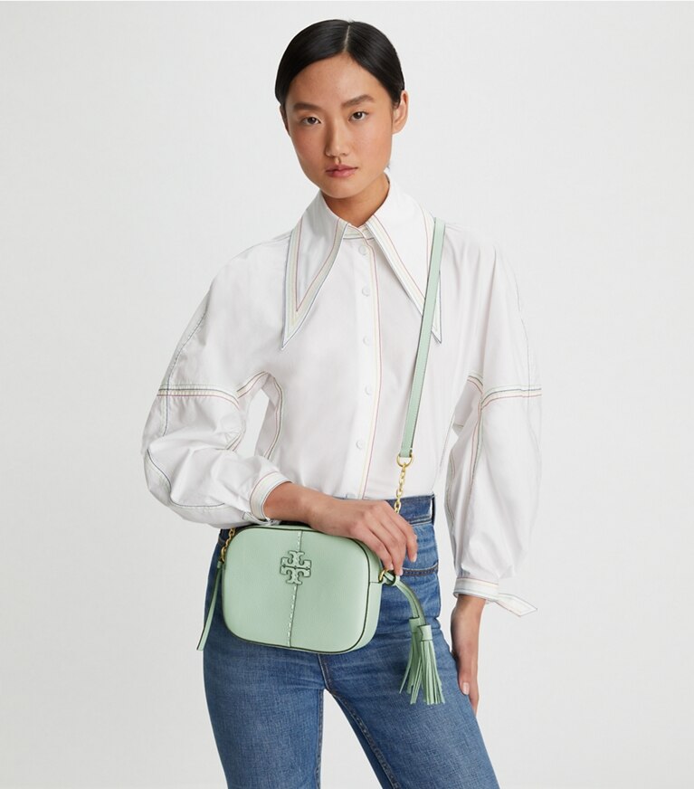Tory Burch diseñador bolsos bandolera Bolsa para cámara McGraw en Blue Celadon accesorio en el modelo