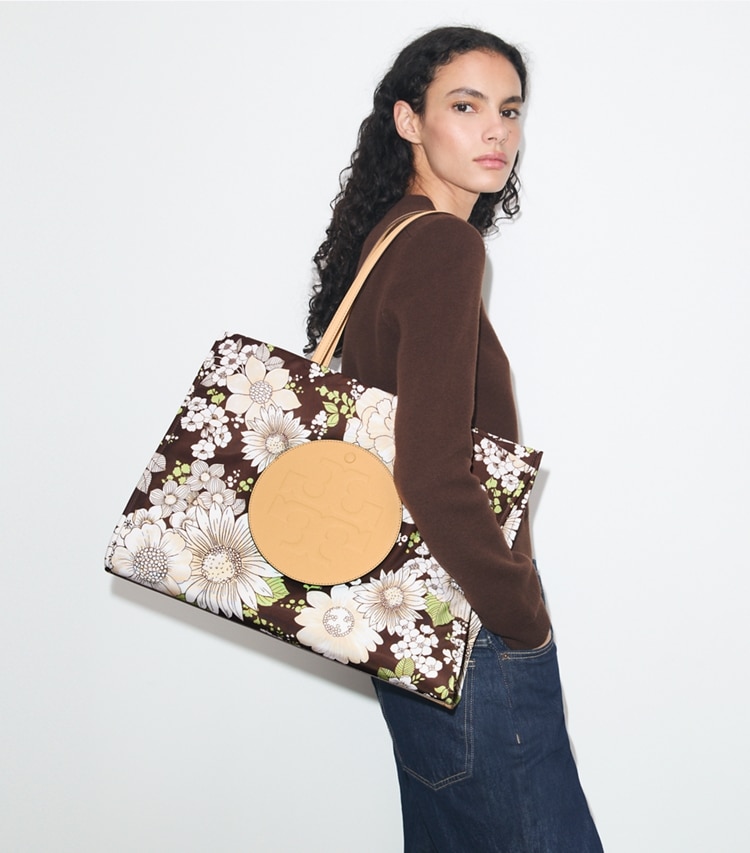 Tory Burch diseñador bolsos tote Bolsa Tote de nailon estampado Ella en Floral Green/Brown accesorio en modelo