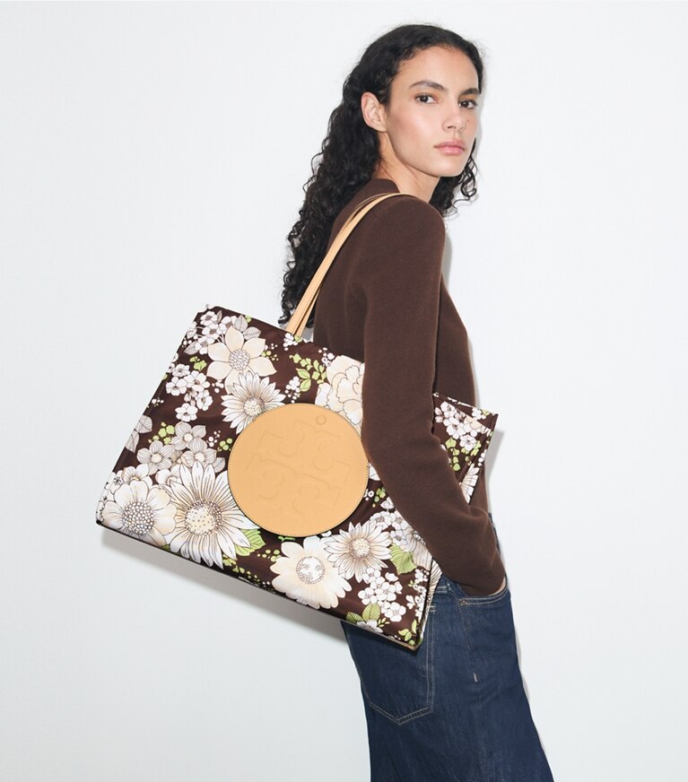 Tory Burch diseñador bolsos tote Bolsa Tote de nailon estampado Ella en Floral Green/Brown accesorio en modelo