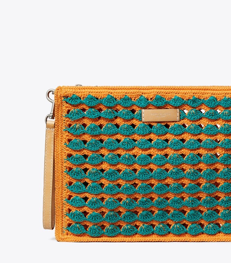 Tory Burch diseñador monederos Bolsita de croché hecha a mano en Multi detalle