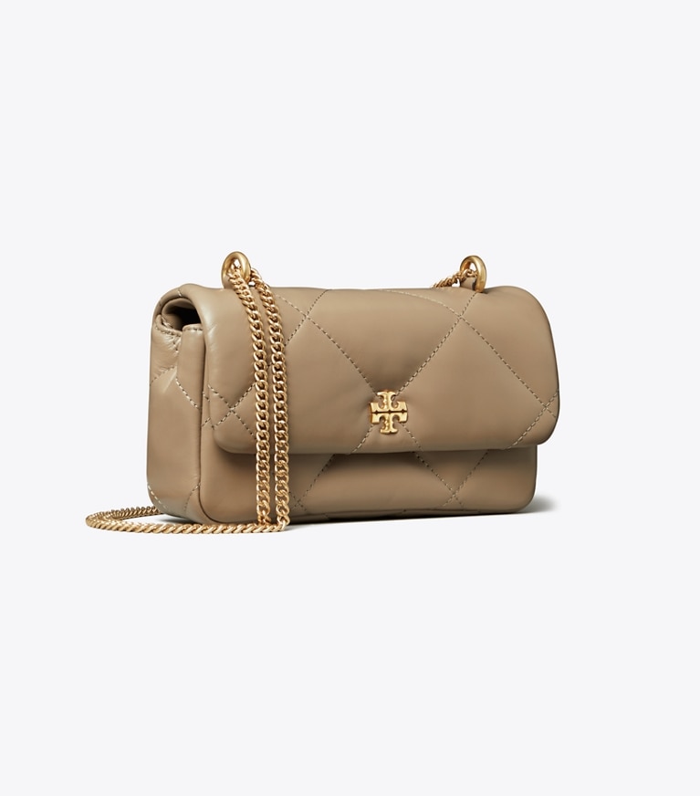 Tory Burch diseñador bolsos bandolera Bolso acolchado de diamantes con solapa Mini Kira en Taupe Oak ángulo