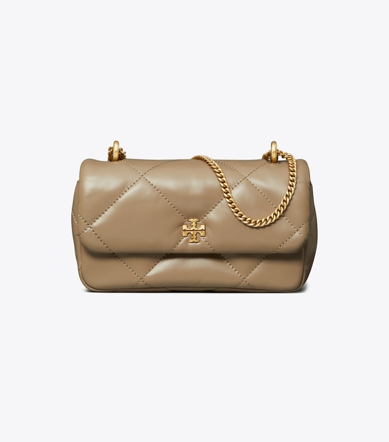 Tory Burch diseñador bolsos bandolera Bolso acolchado de diamantes con solapa Mini Kira en Taupe Oak frontal