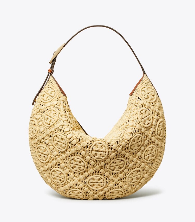 Tory Burch diseñador bolsos hobo Bolso Balloon de rafia con monograma T en Natural frente