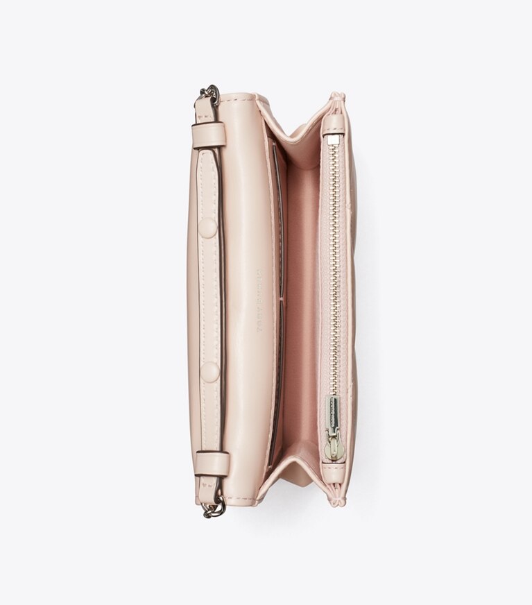 Tory Burch diseñador bolsos bandolera Bolso bandolera acolchado de rombos con asa superior Mini Kira en Soft Pink desde arriba