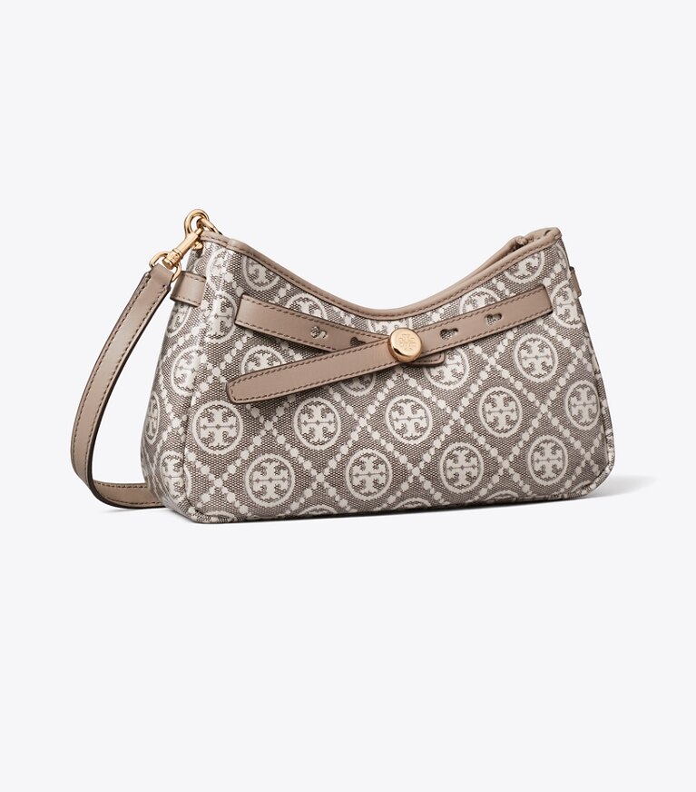 Tory Burch diseñador bolsos bandolera Bolso bandolera con cremallera superior de jacquard recubierto con monograma T Romy en Charcoal ángulo