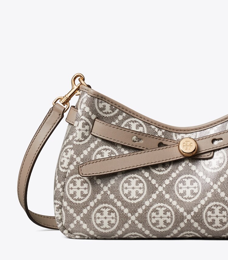 Tory Burch diseñador bolsos bandolera Bolso bandolera con cremallera superior de jacquard recubierto con monograma T Romy en Charcoal detalle