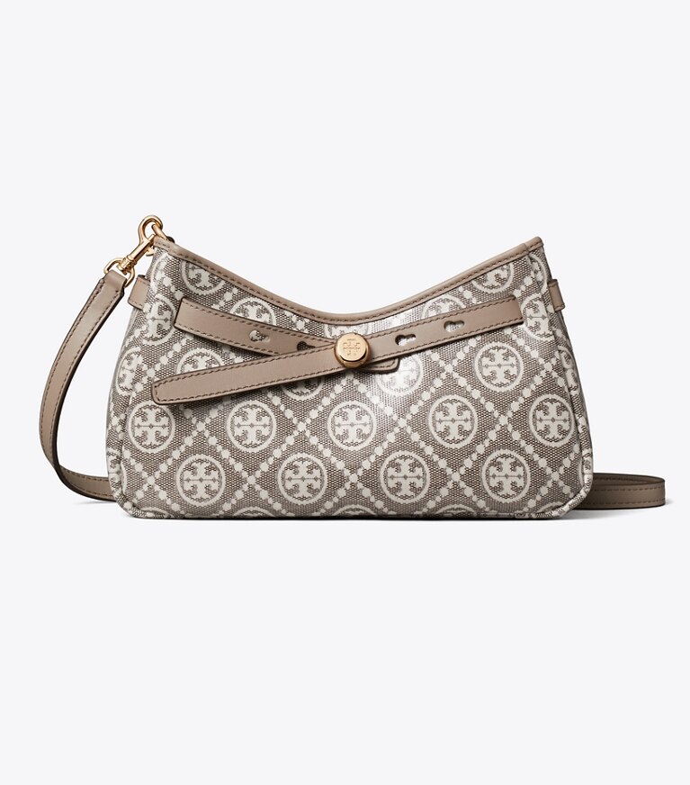 Tory Burch diseñador bolsos bandolera Bolso bandolera con cremallera superior de jacquard recubierto con monograma T Romy en Charcoal frente