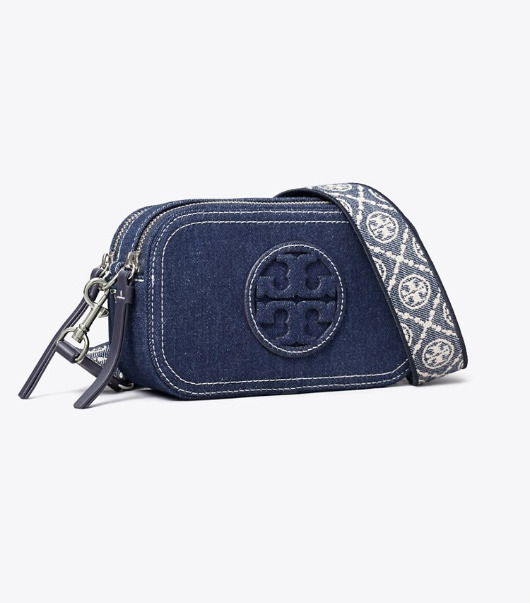 Tory Burch diseñador bolsos bandolera Bolso bandolera de denim Mini Miller en Royal Navy ángulo