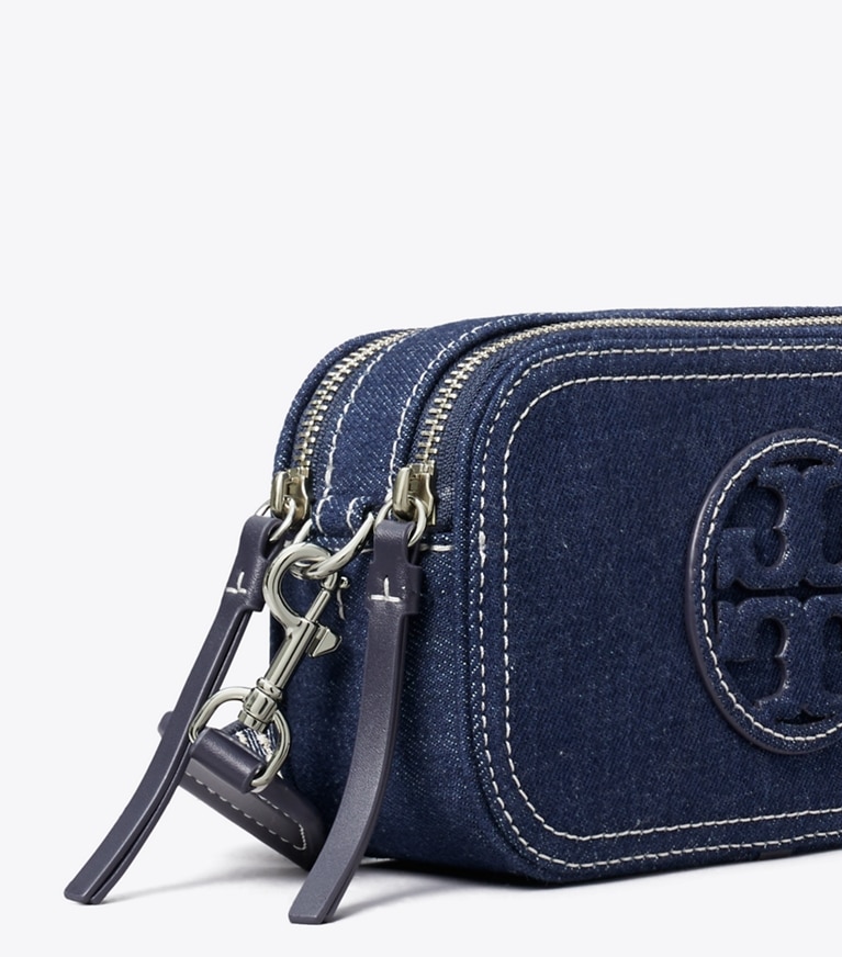 Tory Burch diseñador bolsos bandolera Bolso bandolera de denim Mini Miller en Royal Navy detalle