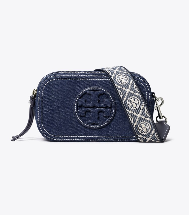 Tory Burch diseñador bolsos bandolera Bolso bandolera de denim Mini Miller en Royal Navy frente