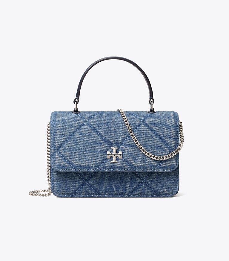 Tory Burch diseñador bolsos bandolera Bolso bandolera de mezclilla Mini Kira con formato de rombos y asa superior en Cruise frente