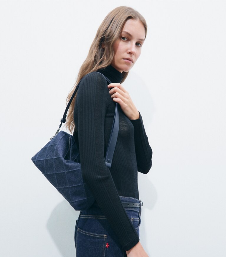 Tory Burch diseñador bolsos bandolera Bolso bandolera grande suave de denim Fleming en Blue accesorio en modelo