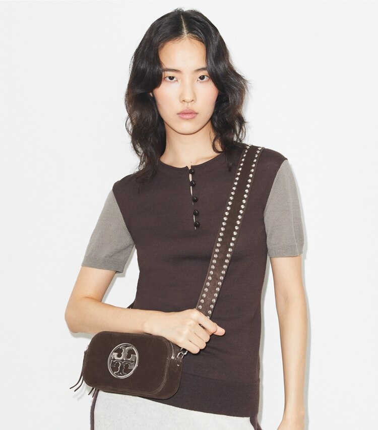 Tory Burch diseñador bolsos bandolera Bolso bandolera Mini Miller de gamuza en Shadow Oak accesorio en modelo
