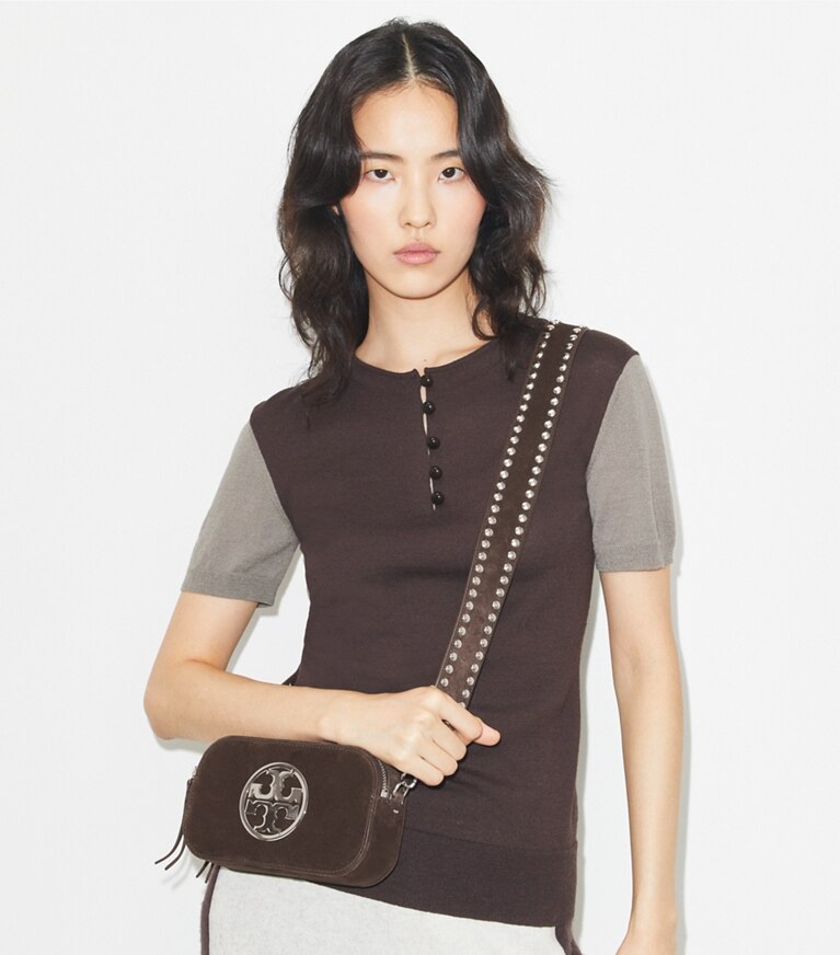 Tory Burch diseñador bolsos bandolera Bolso bandolera Mini Miller de gamuza en Shadow Oak accesorio en modelo