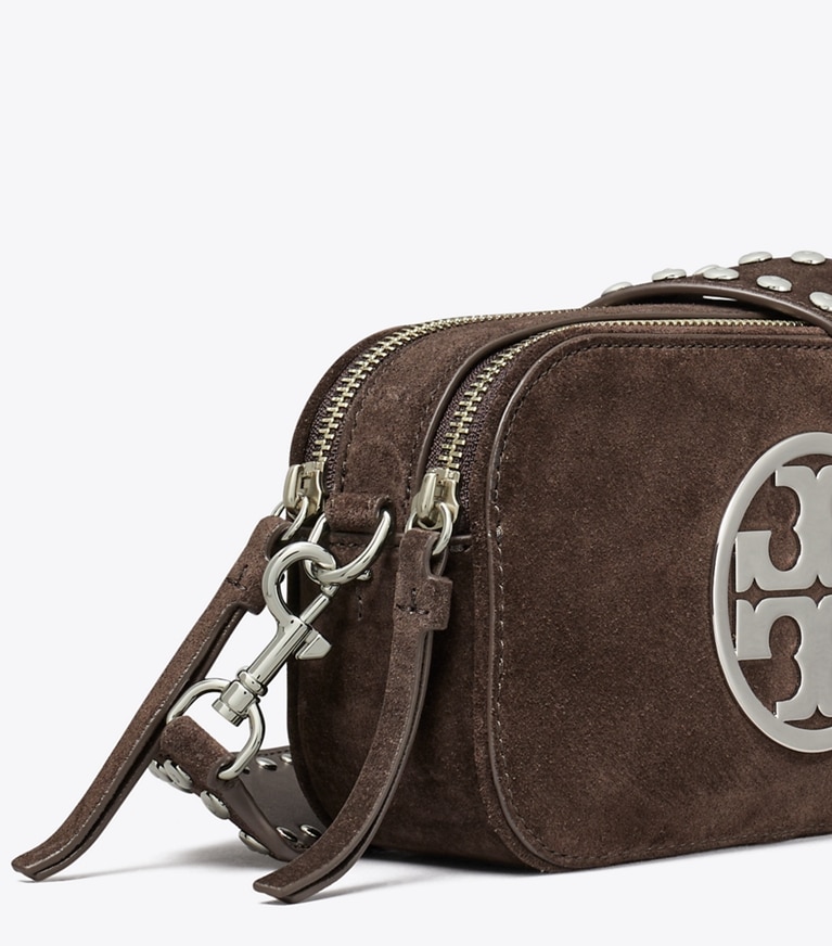 Tory Burch diseñador bolsos bandolera Bolso bandolera Mini Miller de gamuza en Shadow Oak detalle