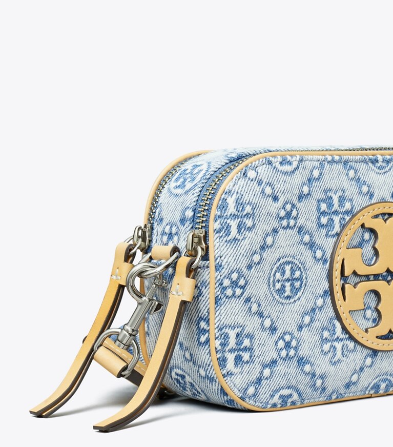 Tory Burch diseñador bolsos bandolera Bolso bandolera Mini Miller en denim con monograma de T en Powder Blue detalle