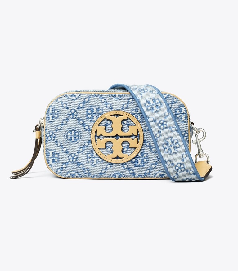 Tory Burch diseñador bolsos bandolera Bolso bandolera Mini Miller en denim con monograma de T en Powder Blue frontal