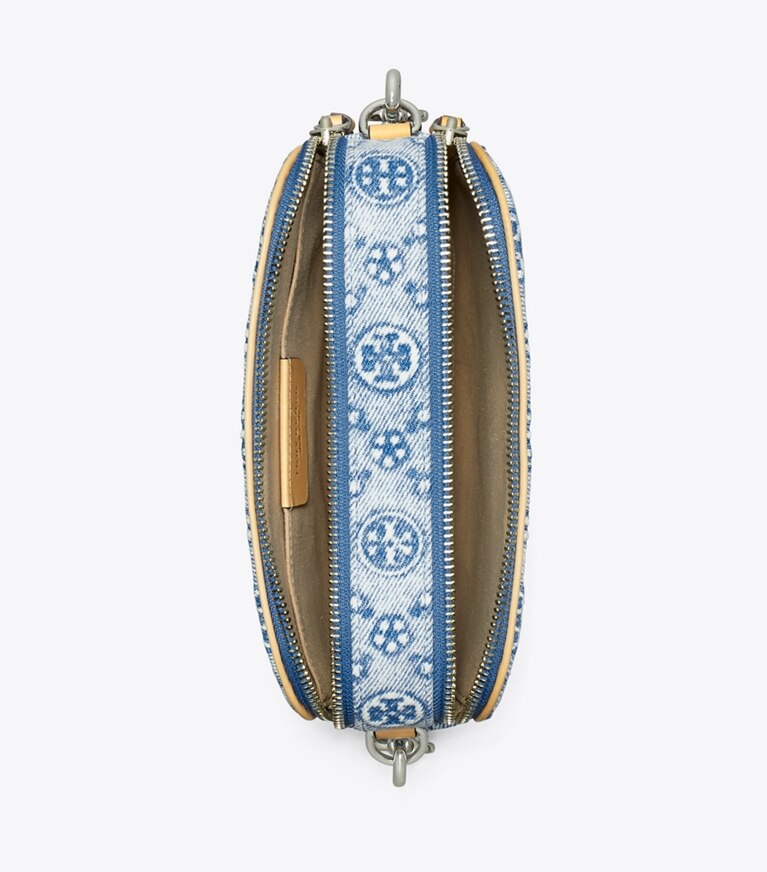 Tory Burch diseñador bolsos bandolera Bolso bandolera Mini Miller en denim con monograma de T en Powder Blue desde arriba