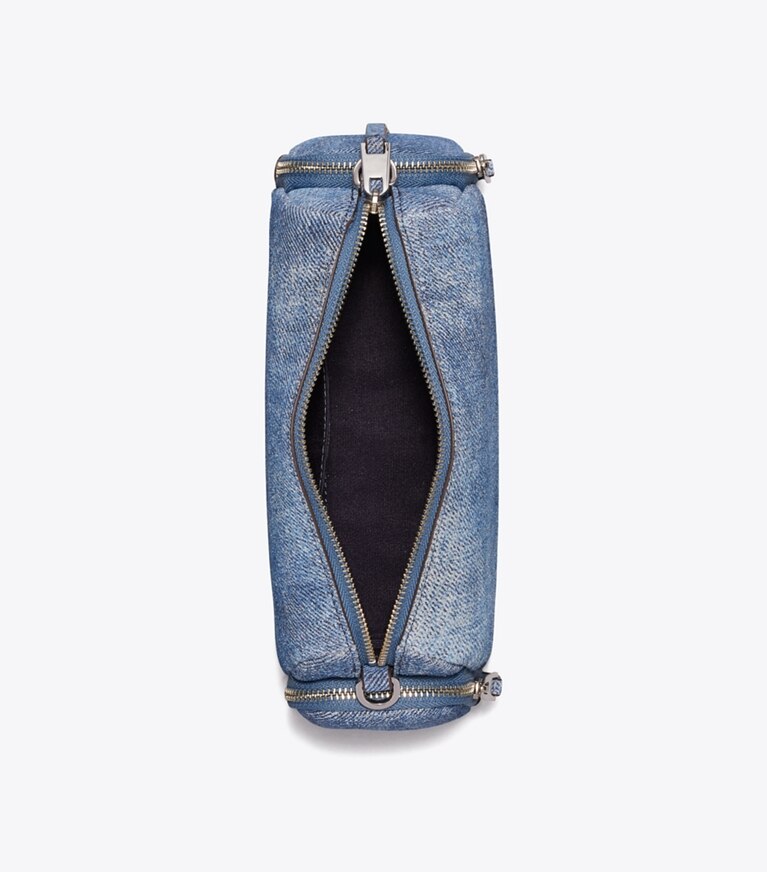 Tory Burch diseñador bolsos bandolera Bolso bandolera Perry Voyager de gamuza con estampado de denim en Blue Jean vista superior