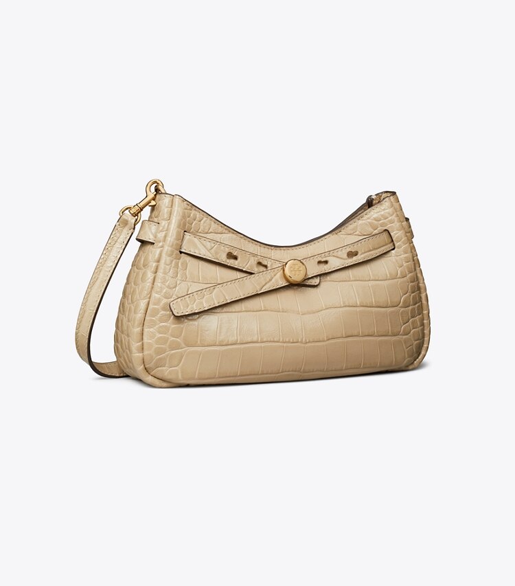 Tory Burch diseñador bolsos bandolera Bolso bandolera Romy con cremallera en la parte superior y grabado de cocodrilo en Light Hickory ángulo