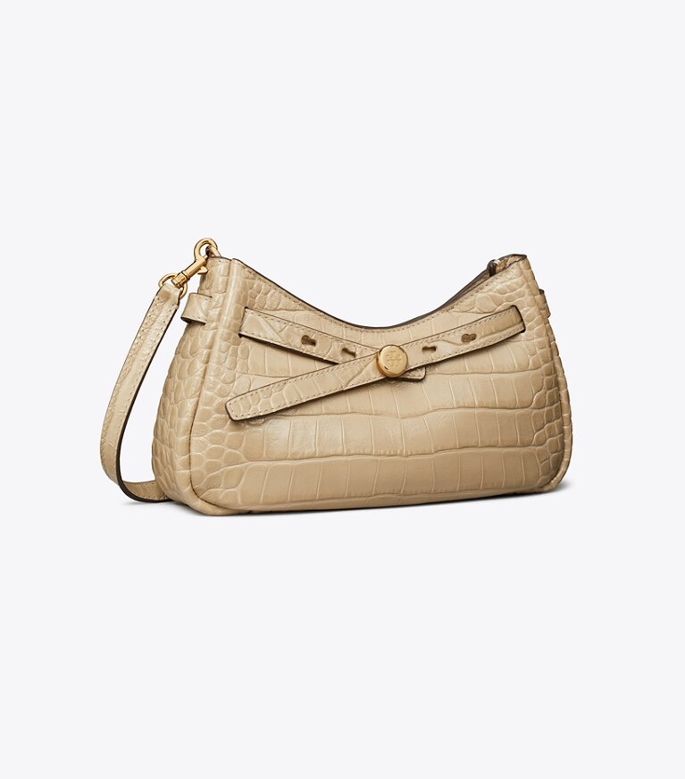 Tory Burch diseñador bolsos bandolera Bolso bandolera Romy con cremallera en la parte superior y grabado de cocodrilo en Light Hickory ángulo
