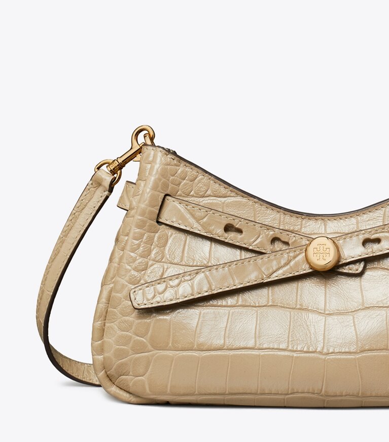 Tory Burch diseñador bolsos bandolera Bolso bandolera Romy con cremallera en la parte superior y grabado de cocodrilo en Light Hickory detalle