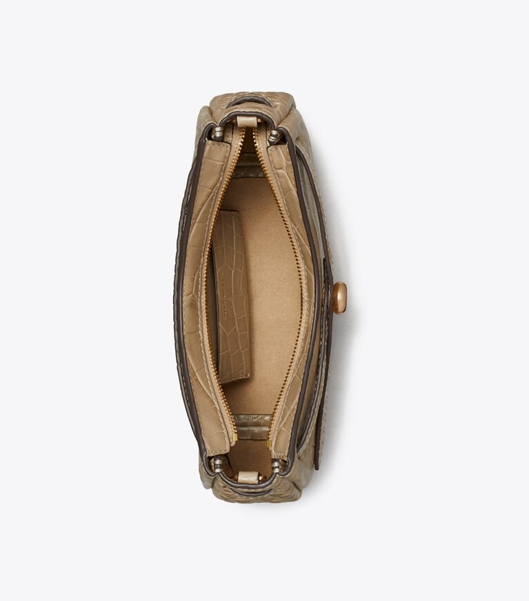 Tory Burch diseñador bolsos bandolera Bolso bandolera Romy con cremallera en la parte superior y grabado de cocodrilo en Light Hickory vista superior