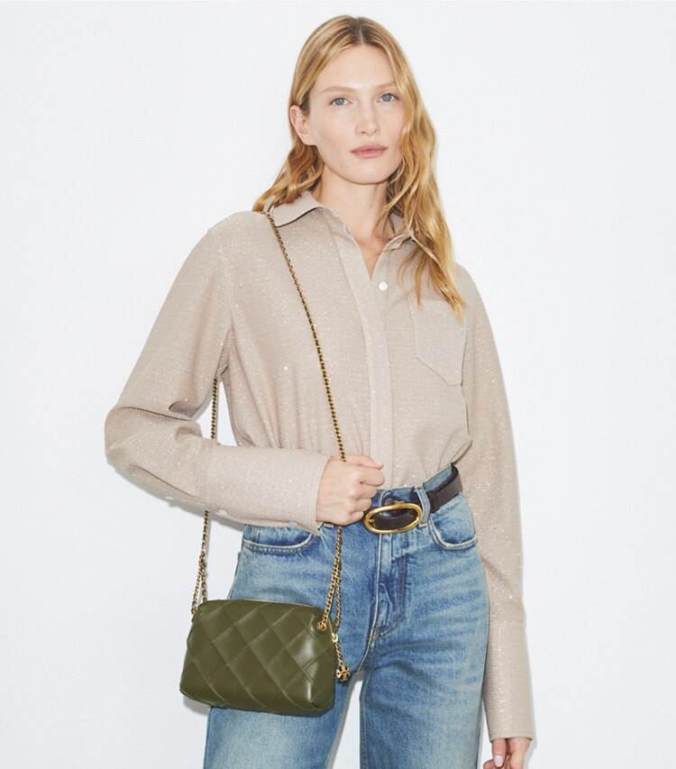 Tory Burch diseñador bolsos bandolera Bolso bandolera suave Fleming en Dark Olive accesorio en modelo