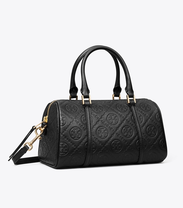 Tory Burch diseñador bolsos bandolera Bolso barril pequeño con monograma de T de piel granulada en Black ángulo