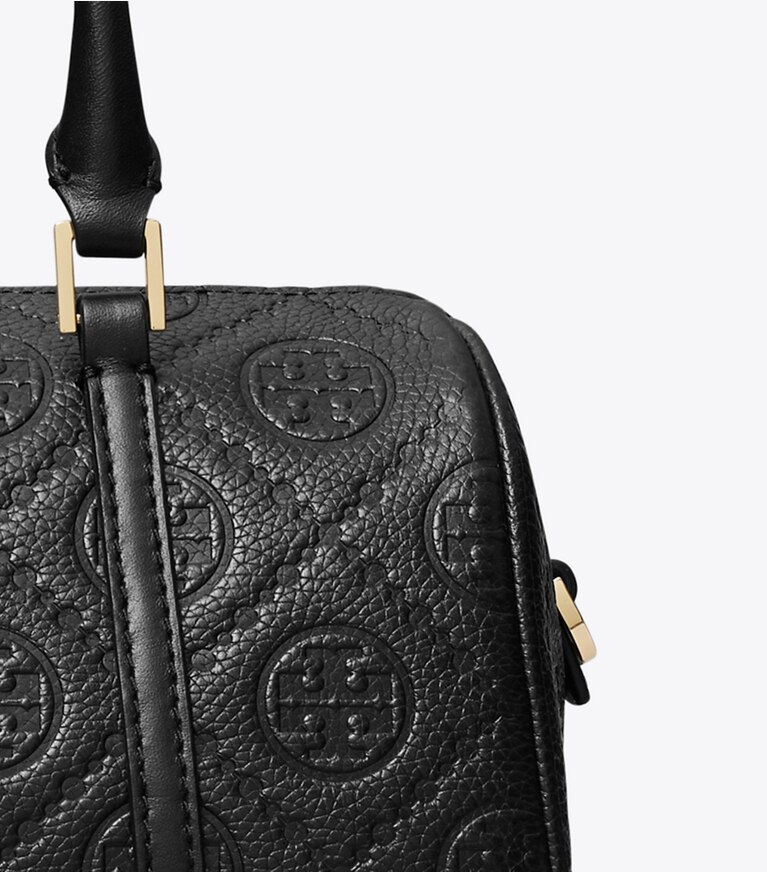 Tory Burch diseñador bolsos bandolera Bolso barril pequeño con monograma de T de piel granulada en Black detalle