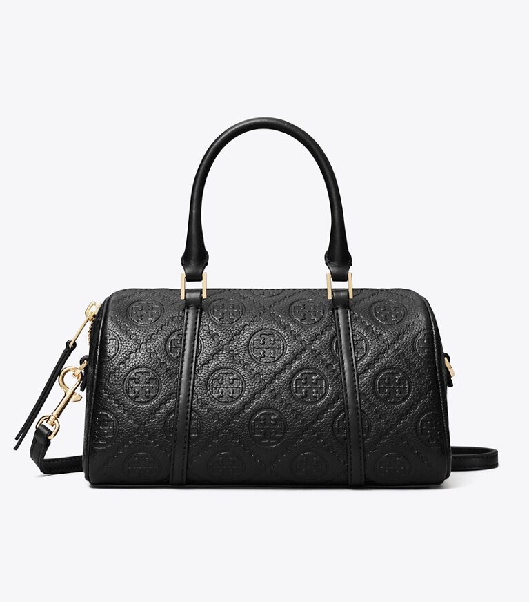 Tory Burch diseñador bolsos bandolera Bolso barril pequeño con monograma de T de piel granulada en Black frontal