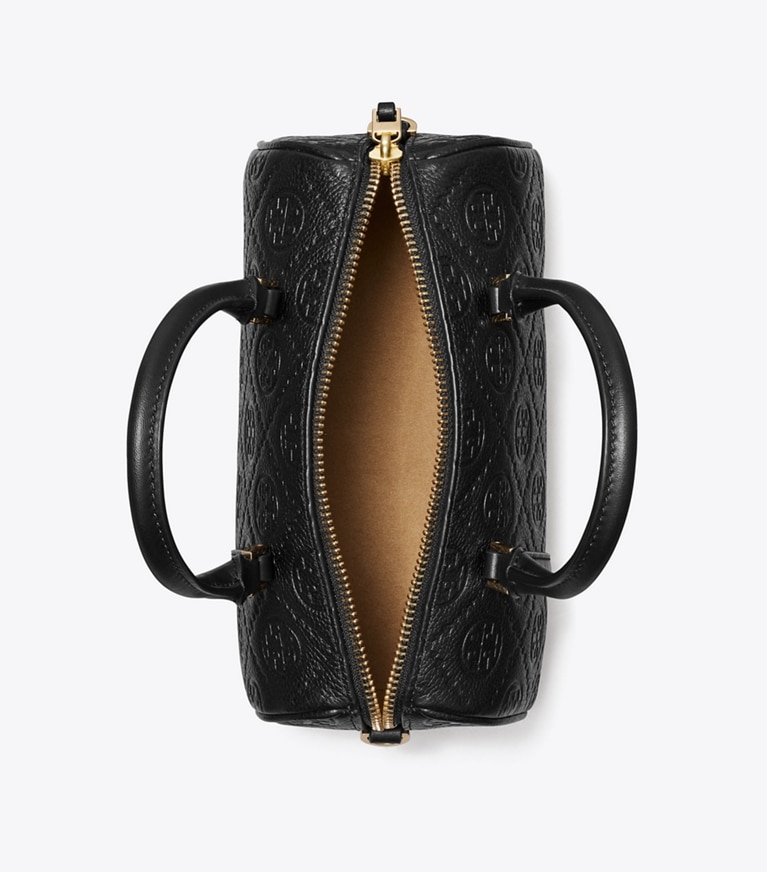Tory Burch diseñador bolsos bandolera Bolso barril pequeño con monograma de T de piel granulada en Black desde arriba