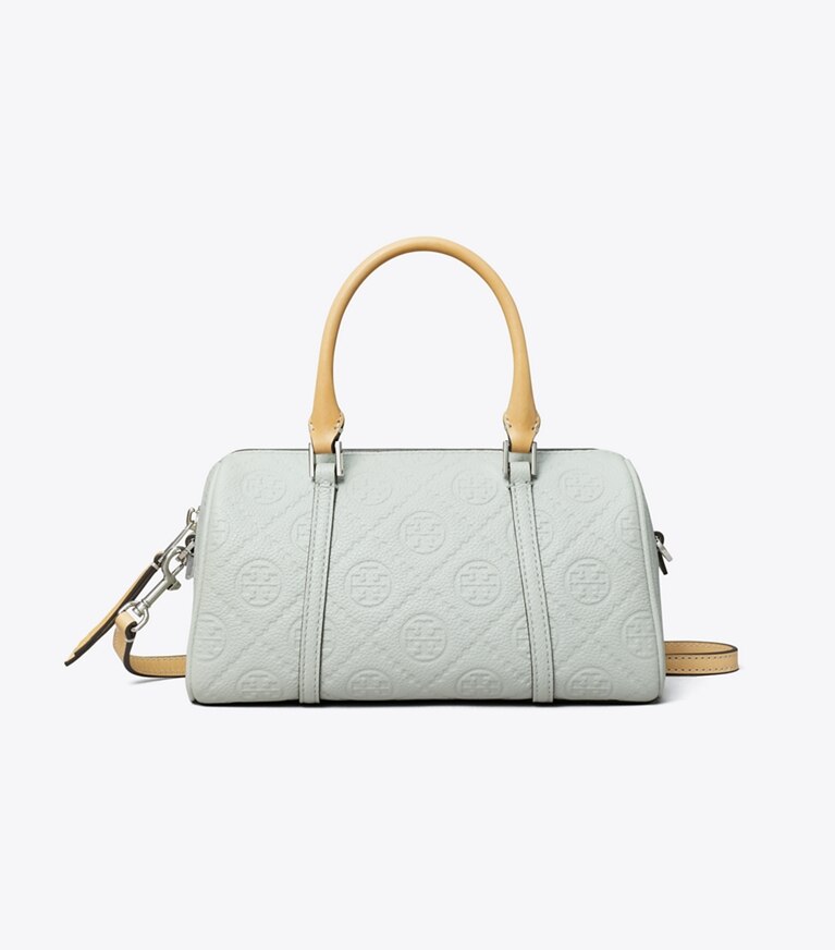 Tory Burch diseñador bolsos bandolera Bolso barril pequeño con monograma de T Pebble en Light Titanium frontal