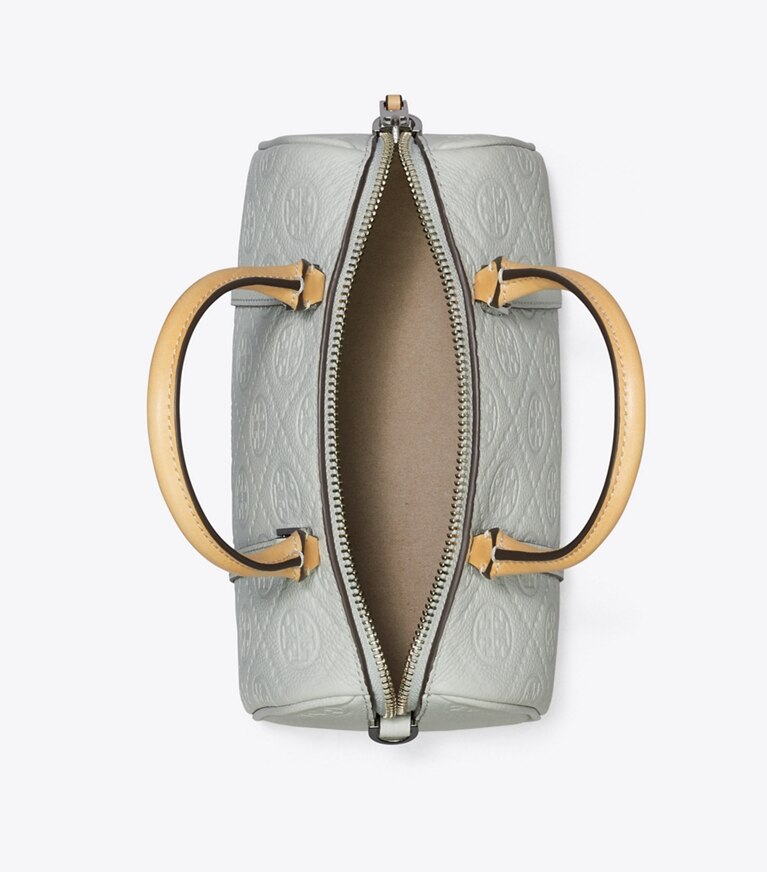 Tory Burch diseñador bolsos bandolera Bolso barril pequeño con monograma de T Pebble en Light Titanium desde arriba