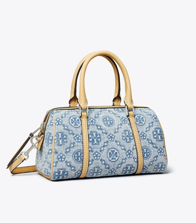 Tory Burch diseñador bolsos bandolera Bolso barril pequeño de denim con monograma de T en Powder Blue ángulo