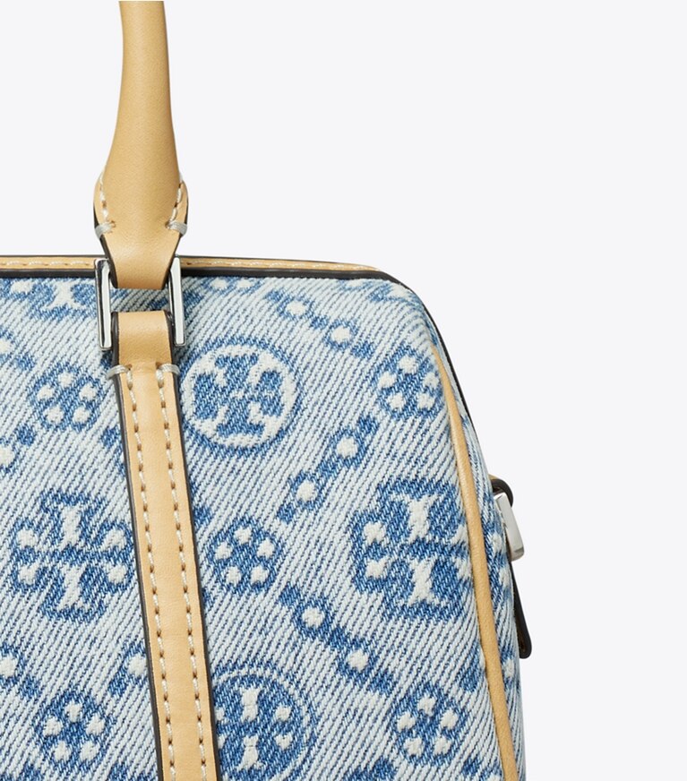 Tory Burch diseñador bolsos bandolera Bolso barril pequeño de denim con monograma de T en Powder Blue detalle