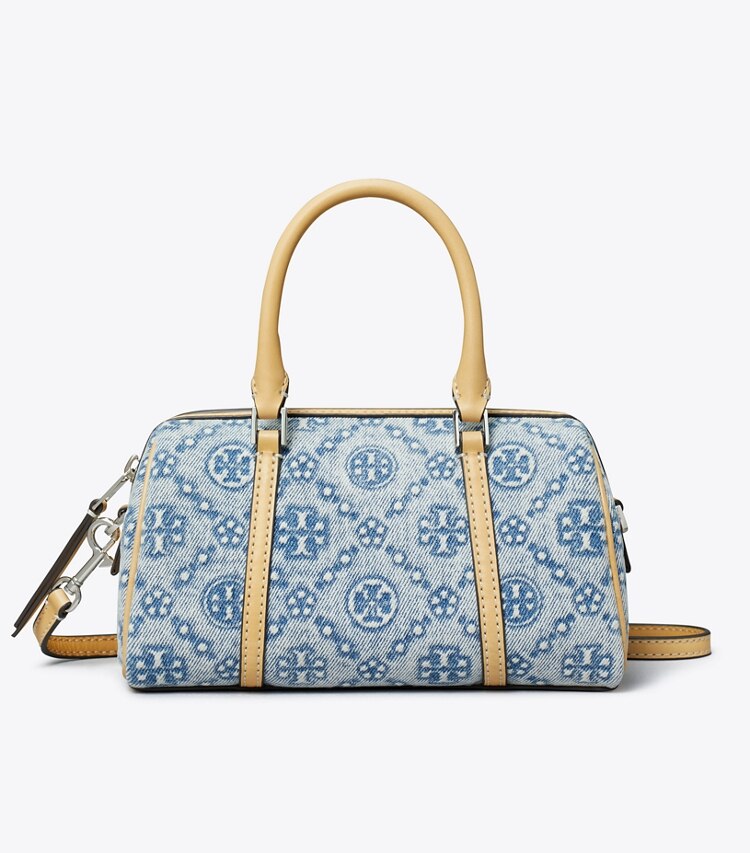 Tory Burch diseñador bolsos bandolera Bolso barril pequeño de denim con monograma de T en Powder Blue frontal