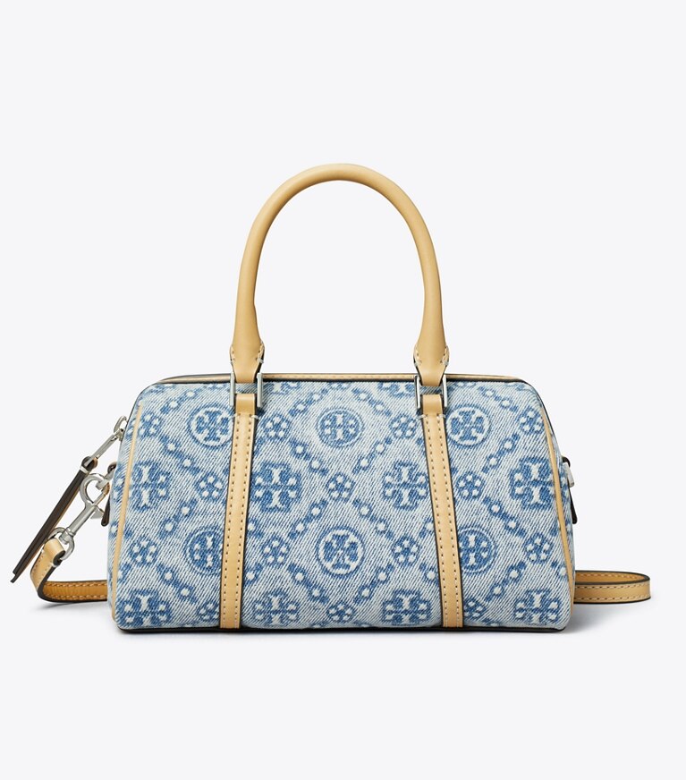 Tory Burch diseñador bolsos bandolera Bolso barril pequeño de denim con monograma de T en Powder Blue frontal